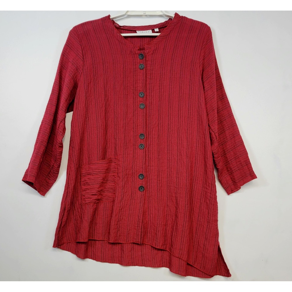 Habitat Tunic Boho Artisan Style Shirt Womens Small Red Striped Button Lagenlook